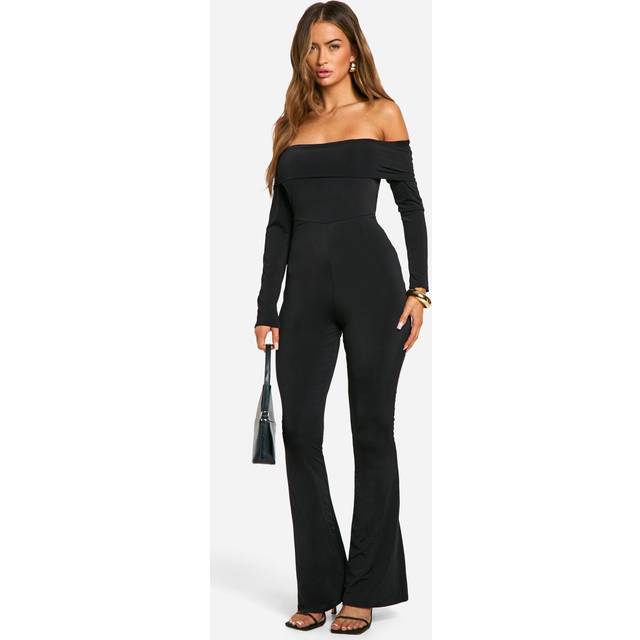 Womens Long Sleeve Open Back Bardot Jumpsuit - Black - 16, Black