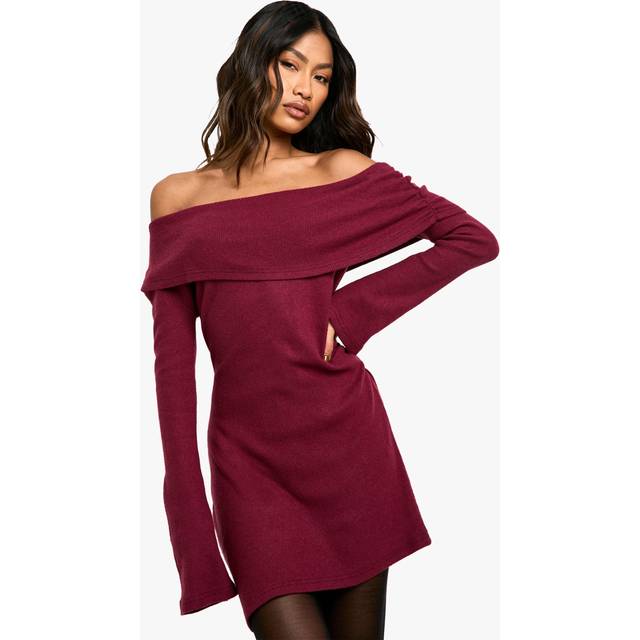 Womens Brushed Rib Mini Long Sleeve Dress - Purple - 16, Purple