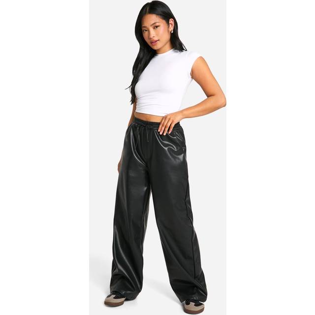 Womens Petite Faux Leather Drawstring Wide Leg Trouser - Black - 6, Black