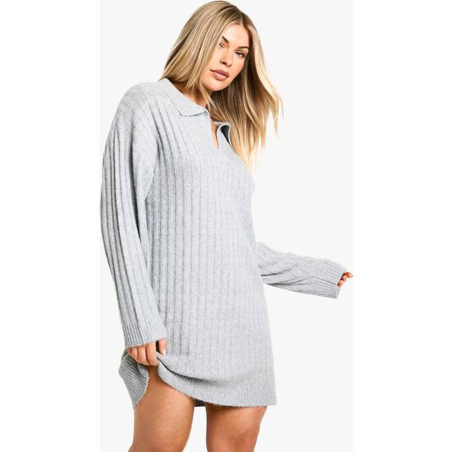 Womens Collar Detail Cosy Knitted Jumper Dress - Grey - L, Grey