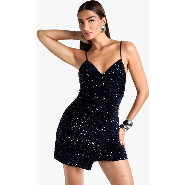Womens Velvet Sequin Slip Mini Dress - Navy - 12, Navy