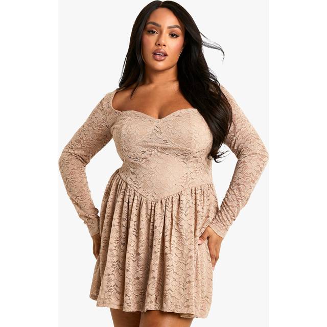 Womens Plus Lace Diamante Skater Dress - Beige - 24, Beige