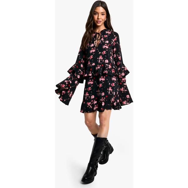 Womens Floral Printed Long Sleeve Keyhole Detail Skater Dress - Black - 8, Black