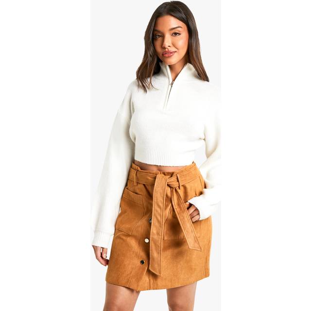 Womens Belted Button Through Suede Look Mini Skirt - Brown - 6, Brown