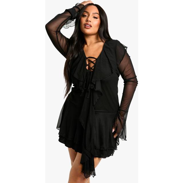 Womens Plus Mesh Ruffle Lace Up Skater Dress - Black - 18, Black