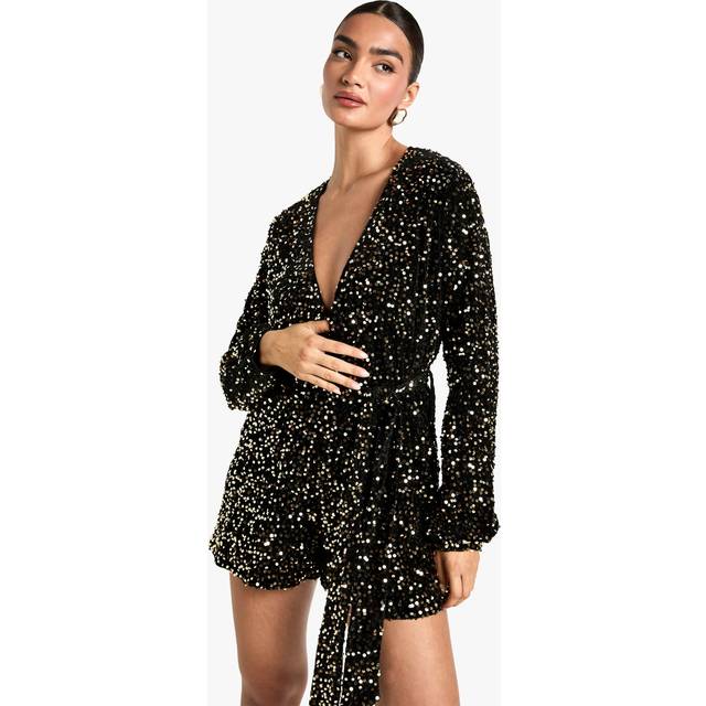 Womens Sequin Belted Playsuit - Brown - 8, Brown