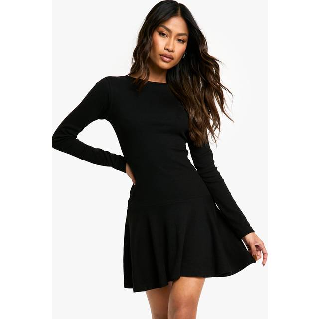 Womens Rib Dropped Hem Skater Dress - Black - 8