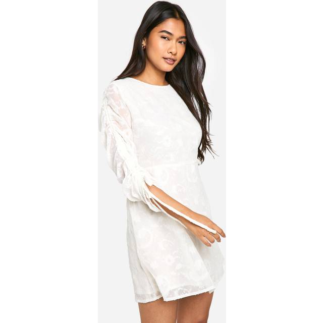 Womens Paisley Jacquard Ruched Mini Dress - Cream - 16