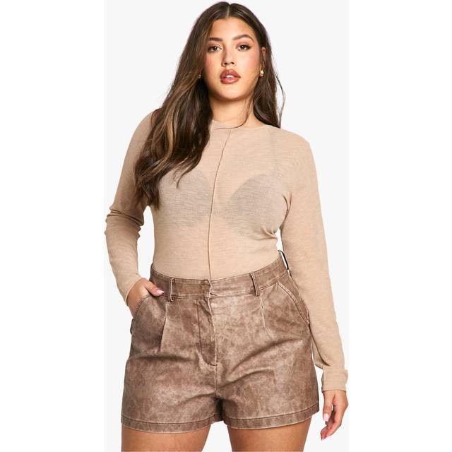 Womens Plus Pleated Washed Pu Shorts - Brown - 22, Brown