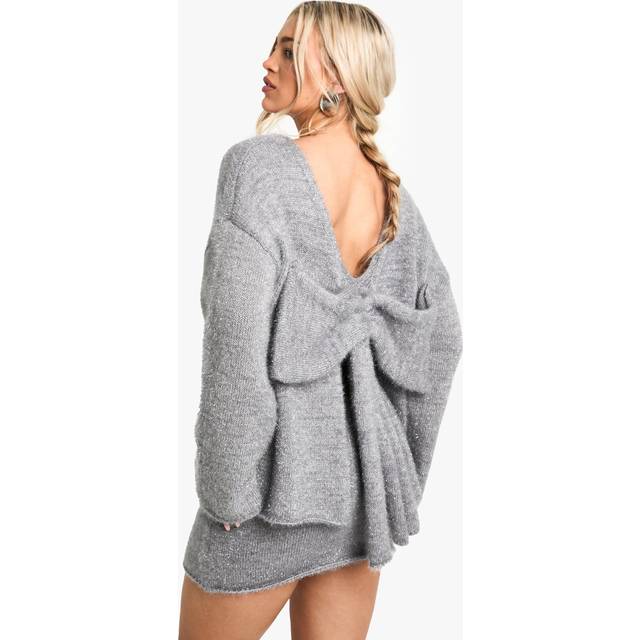 Womens Glitter Knitted Bow Back Jumper & Mini Skirt Co-Ord - Grey - M, Grey