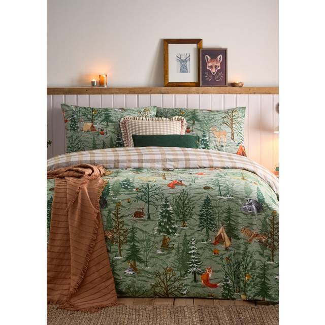 Lodge Wood 100% Brushed Cotton Duvet Cover Set - Green (Queen Duvet Cover + 2 Standard Pillowcases)