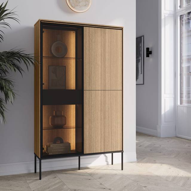 Elegant Oak Linear Display Cabinet W91cm - Modern Design with LED Lighting (158cm H X 91cm W X 34cm D)