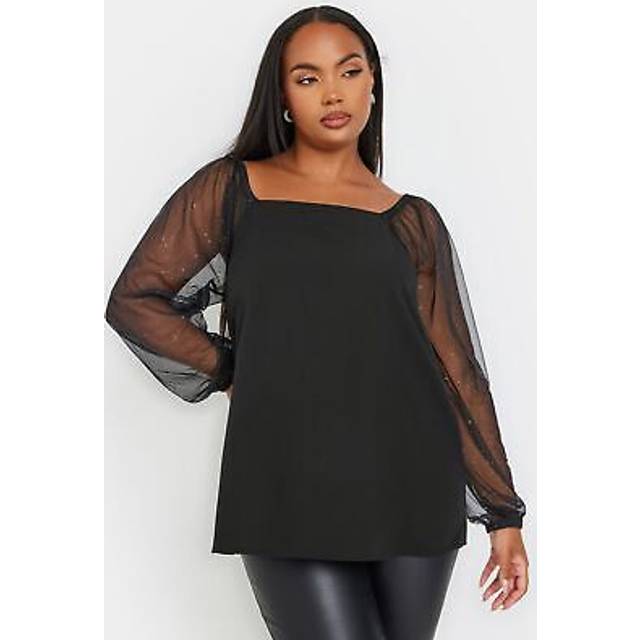 Yours Curve Black Mesh Glitter Sleeve Top, Women's Curve & Plus Size, Yours - 26-28