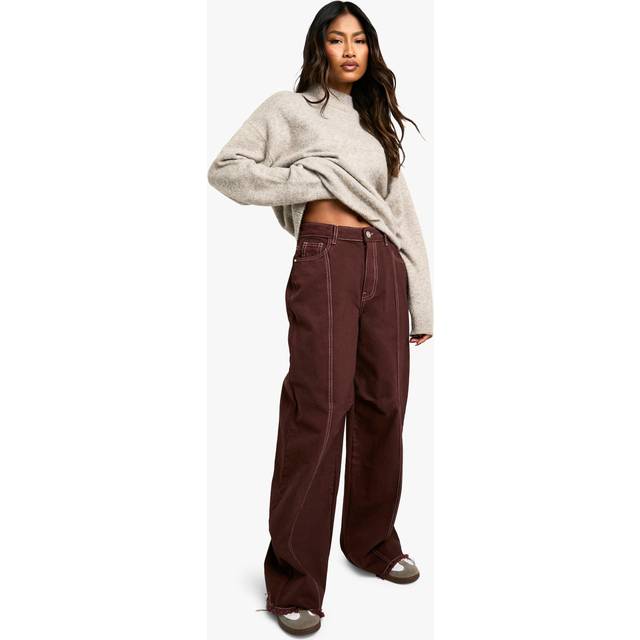 Womens Contrast Stitch Wide Leg Denim Jeans - Brown - 14, Brown