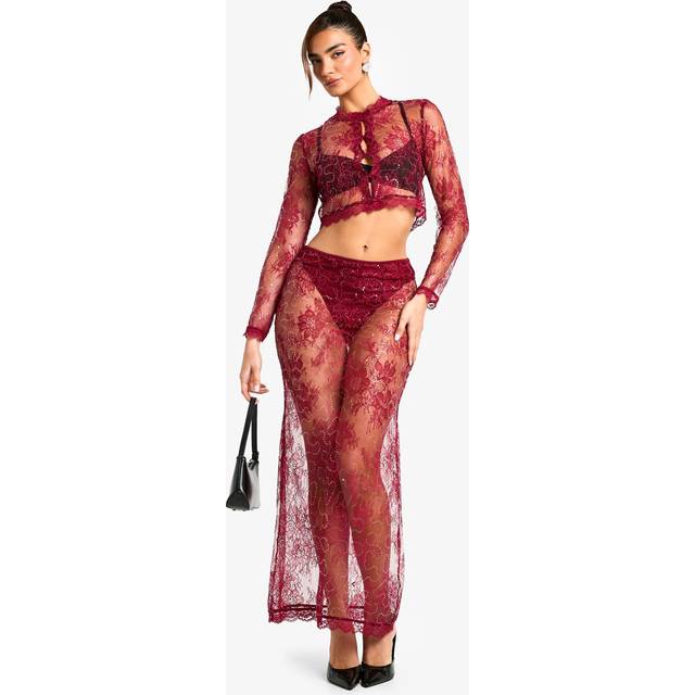 Womens Sequin Lace Maxi Skirt - Red - 12