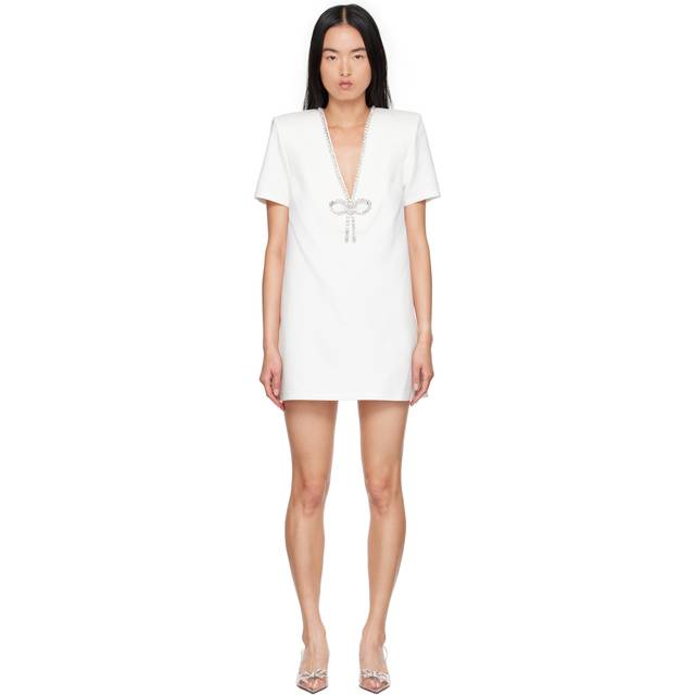 AREA White Crystal Bow V-Neck T-shirt Minidress - White - M