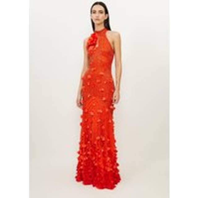 Crystal Applique Woven Maxi Rosette Maxi Dress - Orange