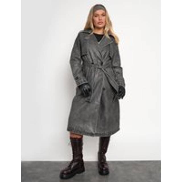 Distressed Faux Leather Long Trench Coat Dark Grey - black
