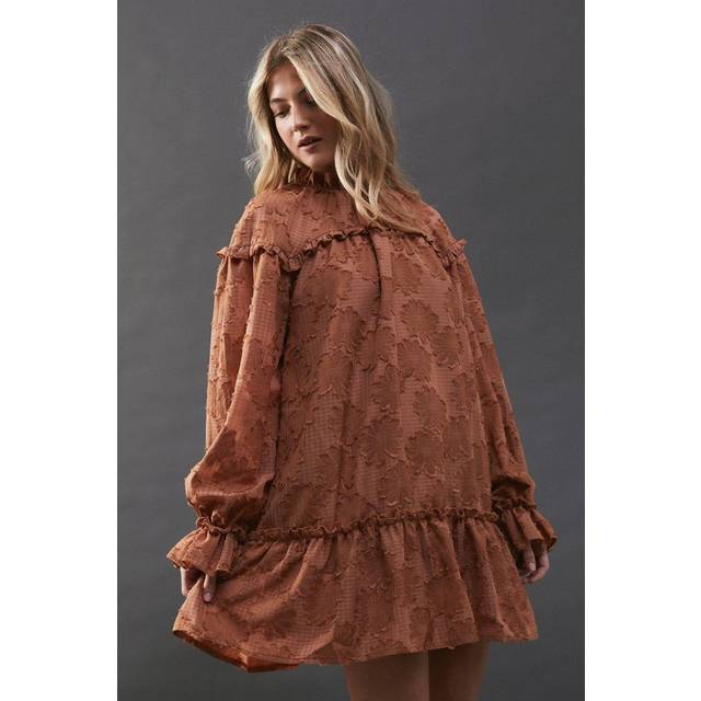 Womens Floral Jacquard Ruffle Neck Mini Smock Dress - Pink - 8