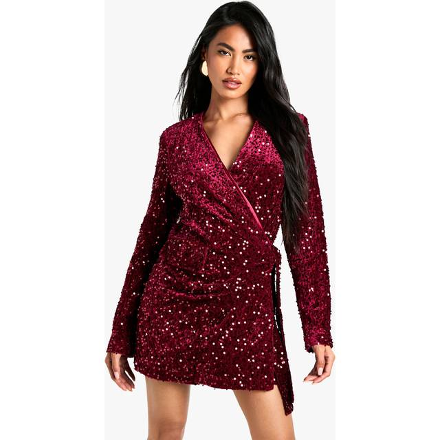 Womens Velvet Sequin Wrap Playsuit - Red - 8, Red