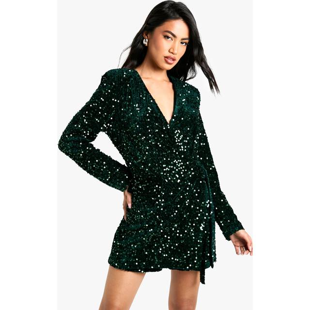 Womens Velvet Sequin Wrap Playsuit - Green - 10, Green