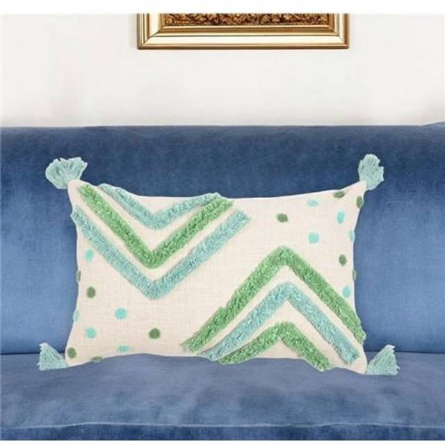 HomeRoots 543474 12 x 20 in. Blue & Green Chevron Cotton Throw Pillow Cover with Tassels, Tufts