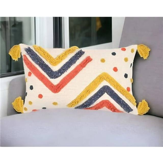 HomeRoots 543476 12 x 20 in. Blue & Off White Chevron Cotton Throw Pillow Cover with Tassels, Tufts