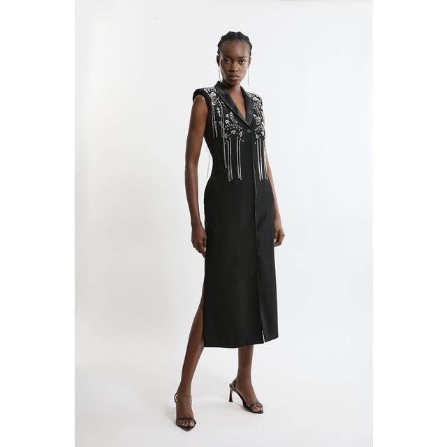 Embellished Detail Plunge Collared Woven Maxi Dress - Black