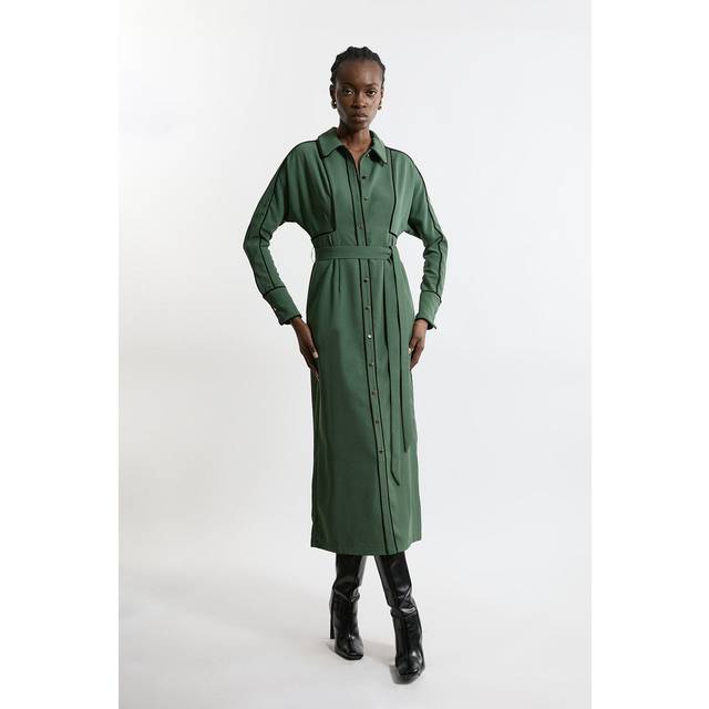 Twill Midaxi Woven Shirt Dress With Belt - Khaki/Green
