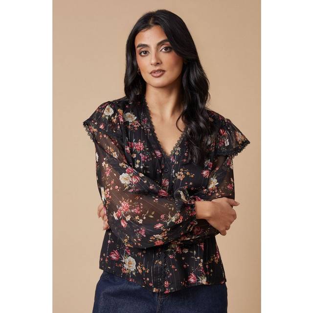 Oasis Womens Floral Metallic Chiffon Lace Trim Ruffle Sleeve Blouse - Black - Size 12 UK