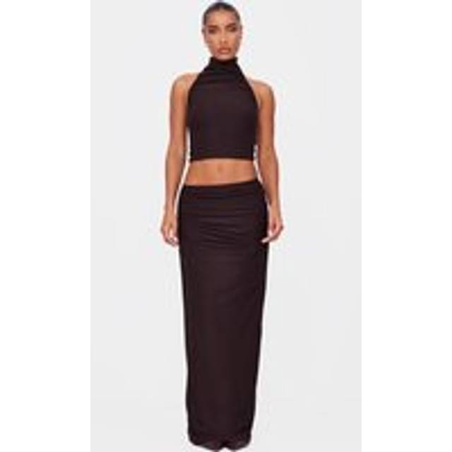 Dark Brown Soft Touch Mid Rise Maxi Skirt, Dark Brown - 14