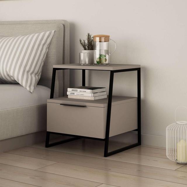 Fwstyle - Mocha Grey 1 Drawer Modern Bedside Table Nightstand Black Metal Frame