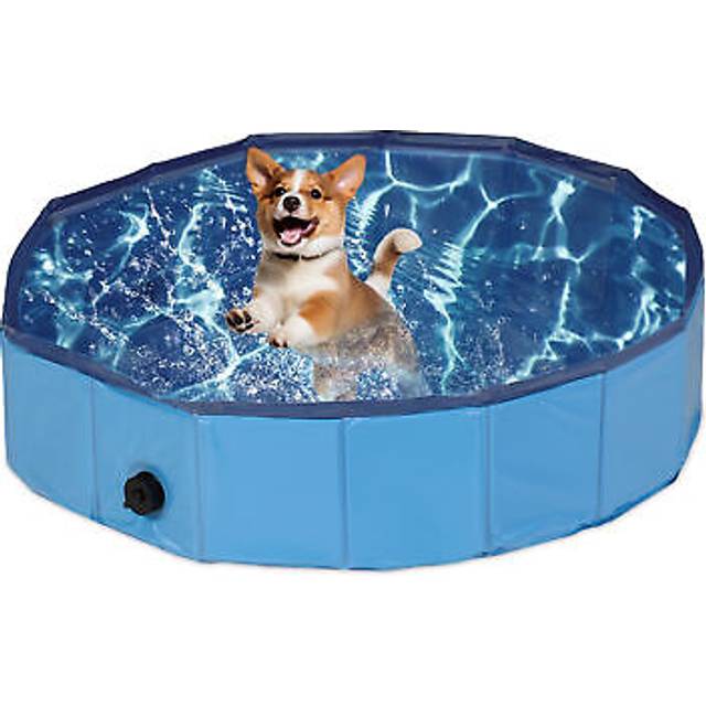 Relaxdays - Dog Pool, HxD: 30 x 120 cm, Foldable, with Drain Valve, Pet Swimming Bath for Cooling Off, pvc & mdf, Blue