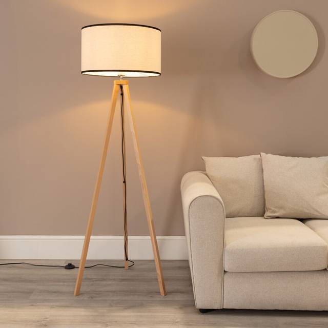 ValueLights Lottie Black Edge Drum Shade Black Wood Tripod LED Floor Lamp