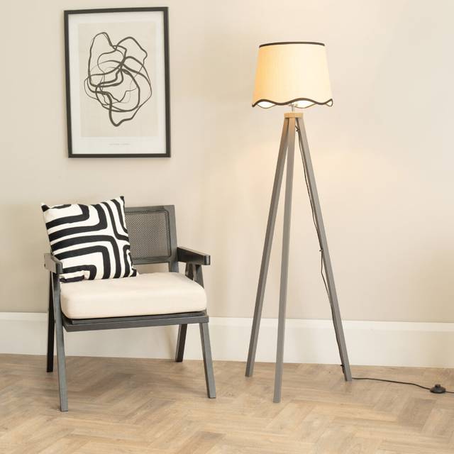 ValueLights Barbro Natural Linen Scallop Black Edge Shade Grey Wood Tripod LED Floor Lamp