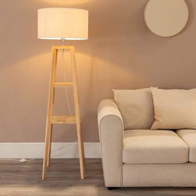 Wakefield Two Shelf Quad Wooden Floor Lamp with Linen White Trim Drum Lamp Shade - Natural - One Size
