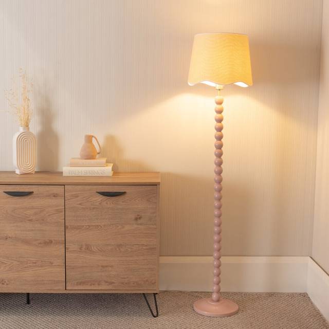 ValueLights Bobbins Scallop White Trim Shade Rose Floor Lamp & Bulb