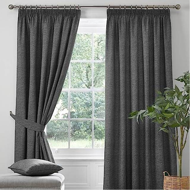 'Pembrey' Textured Pair of Pencil Pleat Curtains With Tie-Backs - Charcoal - 167cm width x 137cm drop