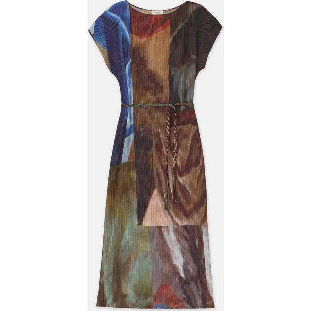 Pleated Abstract-Print Midi Dress - BURNT SIENNA MULTI - X-Small