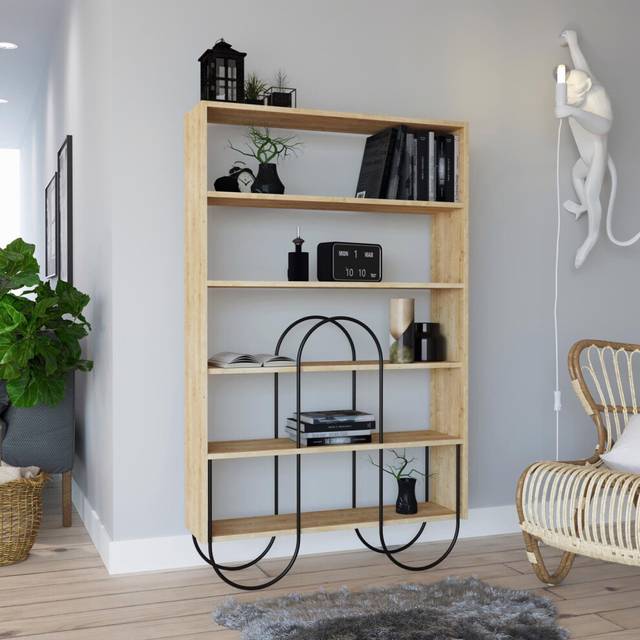 Fwstyle 5 Shelf Modern Shelving Display Unit Natural Oak Curved Metal Frame In Brown - One Size