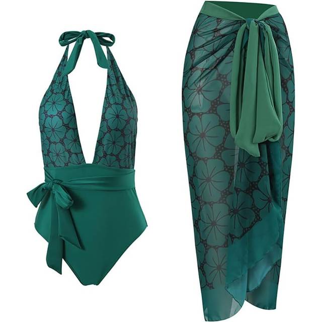(XL) Women Two Piece Swimsuit V-neck Padded One-piece Monokini with Long Wrap Skirt Sarong Beach Cover Up Beachwear