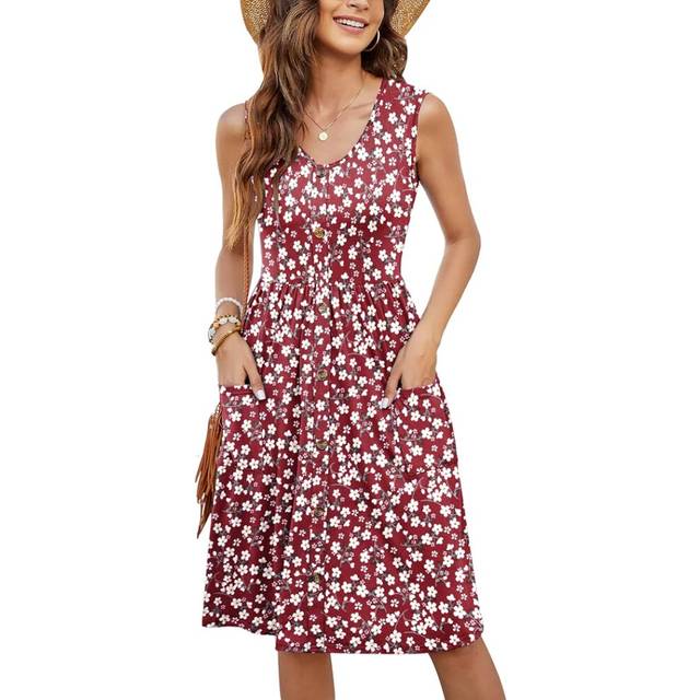 (XL, Floral Red) Summer Dresses for Women Sleeveless Ladies Dress Casual V Neck Beach Dress Swing Button Midi Sundress Dress with Pocket