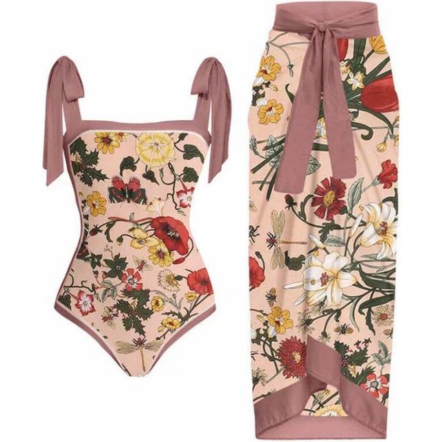 (L, Red Flower) Women Two Piece Swimsuit V-neck Padded One-piece Monokini with Long Wrap Skirt Sarong Beach Cover Up Beachwear