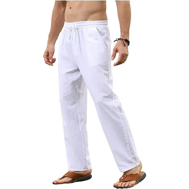 (white, US S) Mens Cotton Linen Pants Casual Loose Pants Breathable Solid Color