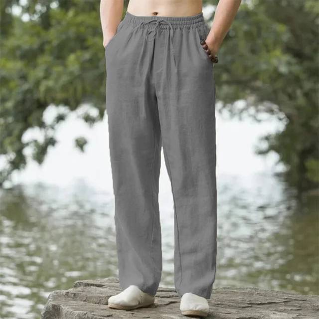 (GRAY, XL 80-90 KG) Mens Beach Pants Joggers Streetwear Cotton Linen Casual Trousers