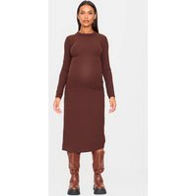 Maternity Dark Chocolate Ribbed Long Sleeve Midi Dress, Dark Chocolate - 6