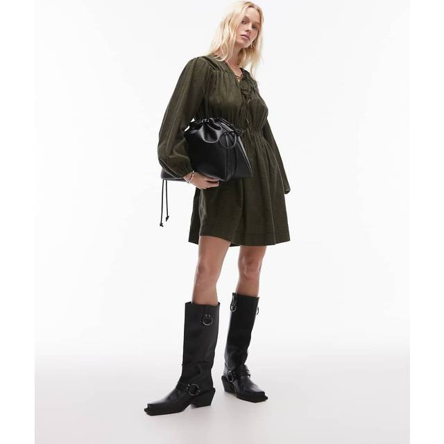 Topshop – Kakifärgad, rutig miniklänning med knytning framtill-Grön/a
