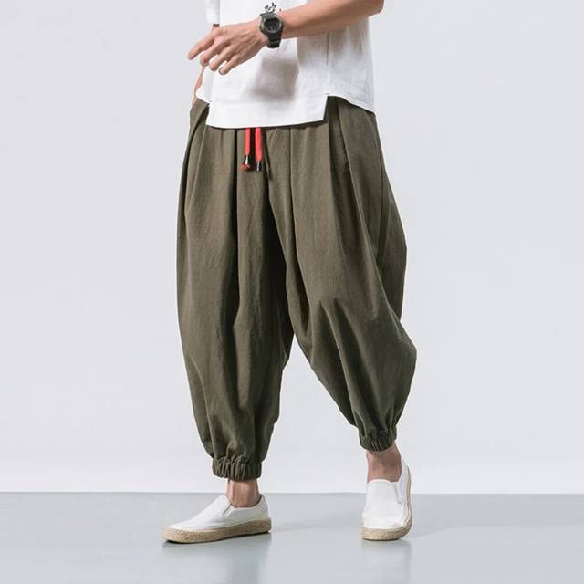 (army green, US XXL) Oversized Mens Harem Pants Loose Cotton and Linen Sweatpants