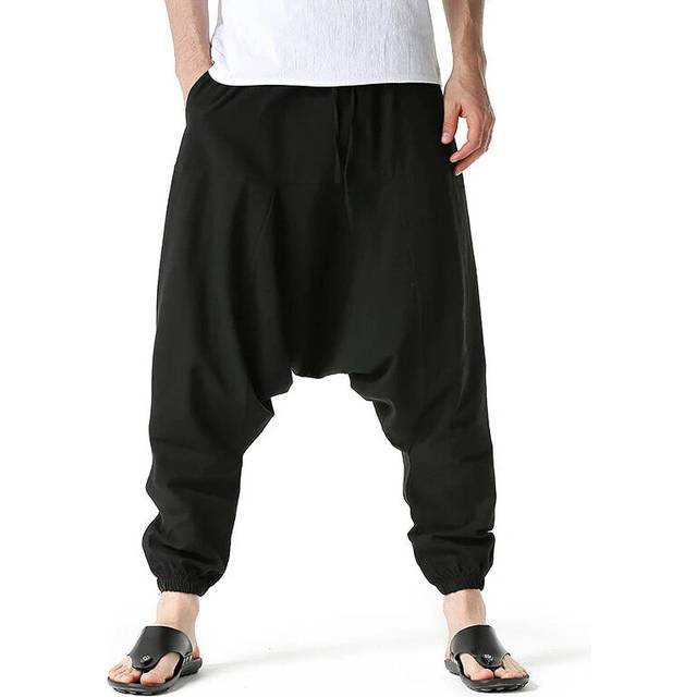 (black, US L) Mens Cotton and Linen Pants Harem Pants Baggy Casual Oversize