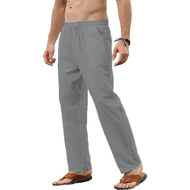 (gray, US L) Mens Cotton Linen Pants Casual Loose Pants Breathable Solid Color